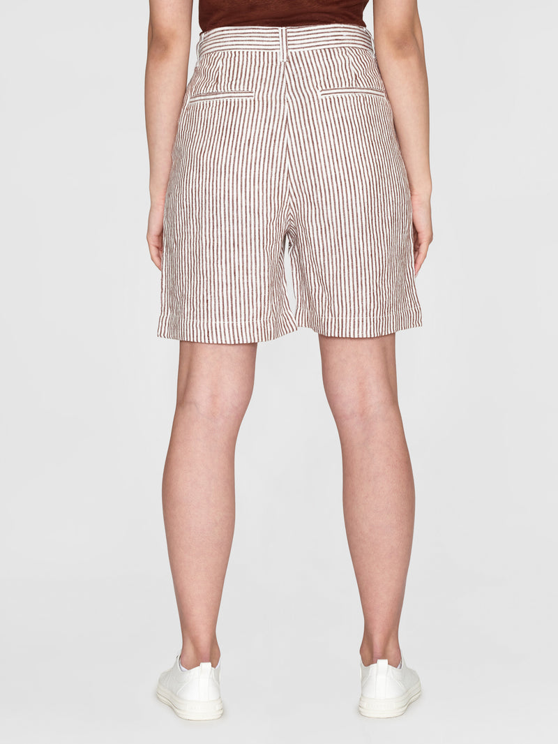 KnowledgeCotton Apparel - WMN POSEY wide high-rise striped linen shorts - GOTS/Vegan Shorts 8026 Brown stripe