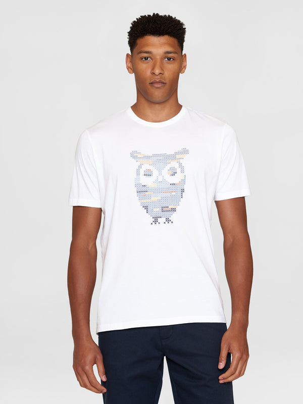 KnowledgeCotton Apparel - MEN Single jersey big crosstitch print t-shirt - GOTS/Vegan T-shirts 1010 Bright White