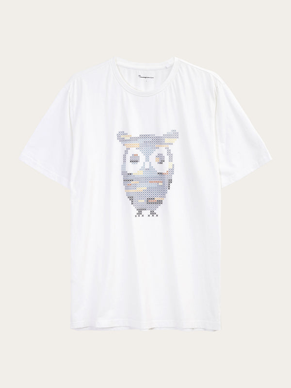 KnowledgeCotton Apparel - MEN Single jersey big crosstitch print t-shirt - GOTS/Vegan T-shirts 1010 Bright White